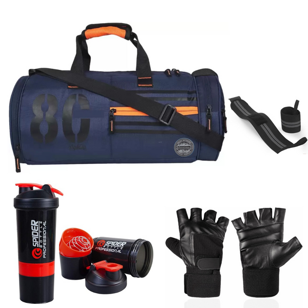 Emmcraz Blue & Orange Duffle Gym Bag Combo (4-in-1 includes Shaker, Gym Gloves, and Wristband)