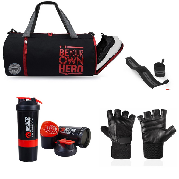 Emmcraz Be Your Own Hero Red Duffel Bag Combo (4-in-1 includes Shaker, Gym Gloves, and Wristband)