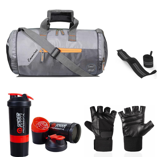 Emmcraz Classy Grey Gym Bag Combo (4-in-1 includes Shaker, Gym Gloves, and Wristband)