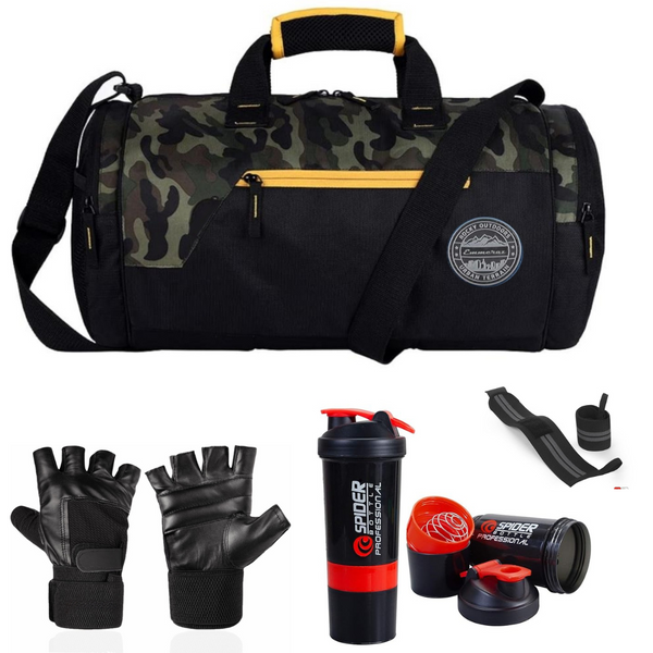 Emmcraz Cross Training Water Resistant Duffle Bag Combo (4-in-1 includes Shaker, Gym Gloves, and Wristband)