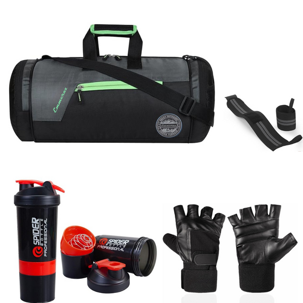 Emmcraz Neon Green Stripe Duffle Bag Combo (4-in-1 includes Shaker, Gym Gloves, and Wristband)