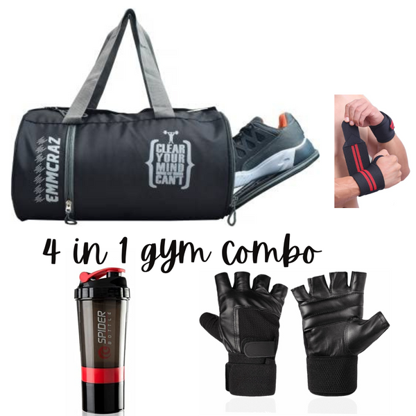 Emmcraz Duffel Gym Bag Combo with show compartment (4-in-1 includes Shaker, Gym Gloves, and Wristband)