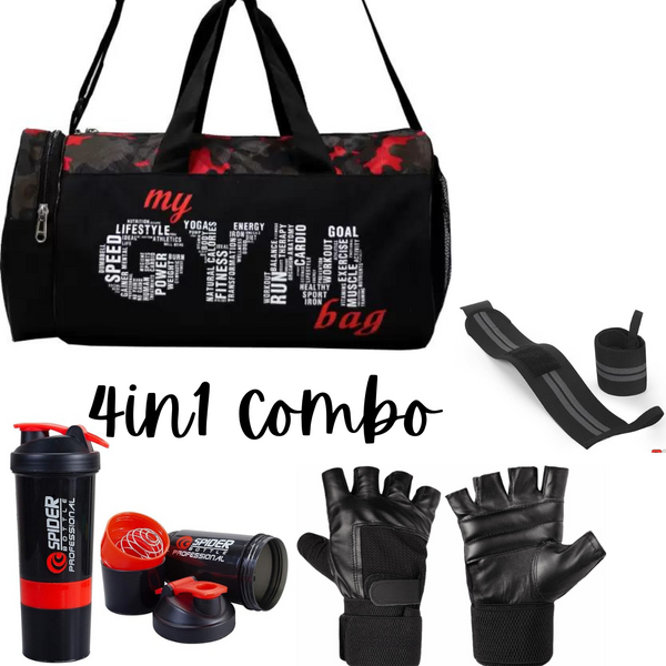 Emmcraz Red Gym Bag Combo (4-in-1 includes Shaker, Gym Gloves, and Wristband)