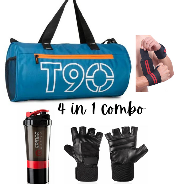 Emmcraz T-90 POLYSTER  Gym Bag Combo (4-in-1 includes Shaker, Gym Gloves, and Wristband)