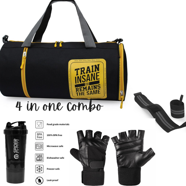 Emmcraz Black & Yellow Leatherette Gym Bag Combo (4-in-1 includes Shaker, Gym Gloves, and Wristband)