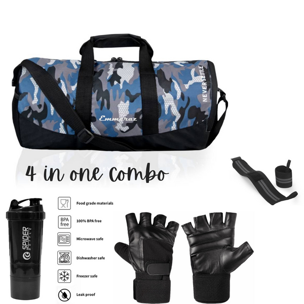 Emmcraz Blue Army Pattern Gym Bag Combo (4-in-1 includes Shaker, Gym Gloves, and Wristband)