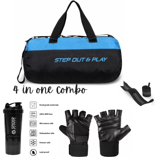 Emmcraz Black & Blue Unisex Gym Bag Combo (4-in-1 includes Shaker, Gym Gloves, and Wristband)