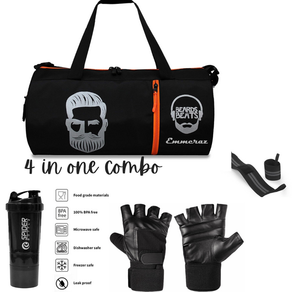 Emmcraz Beard Beats Duffle Bag Combo (4-in-1 includes Shaker, Gym Gloves, and Wristband)